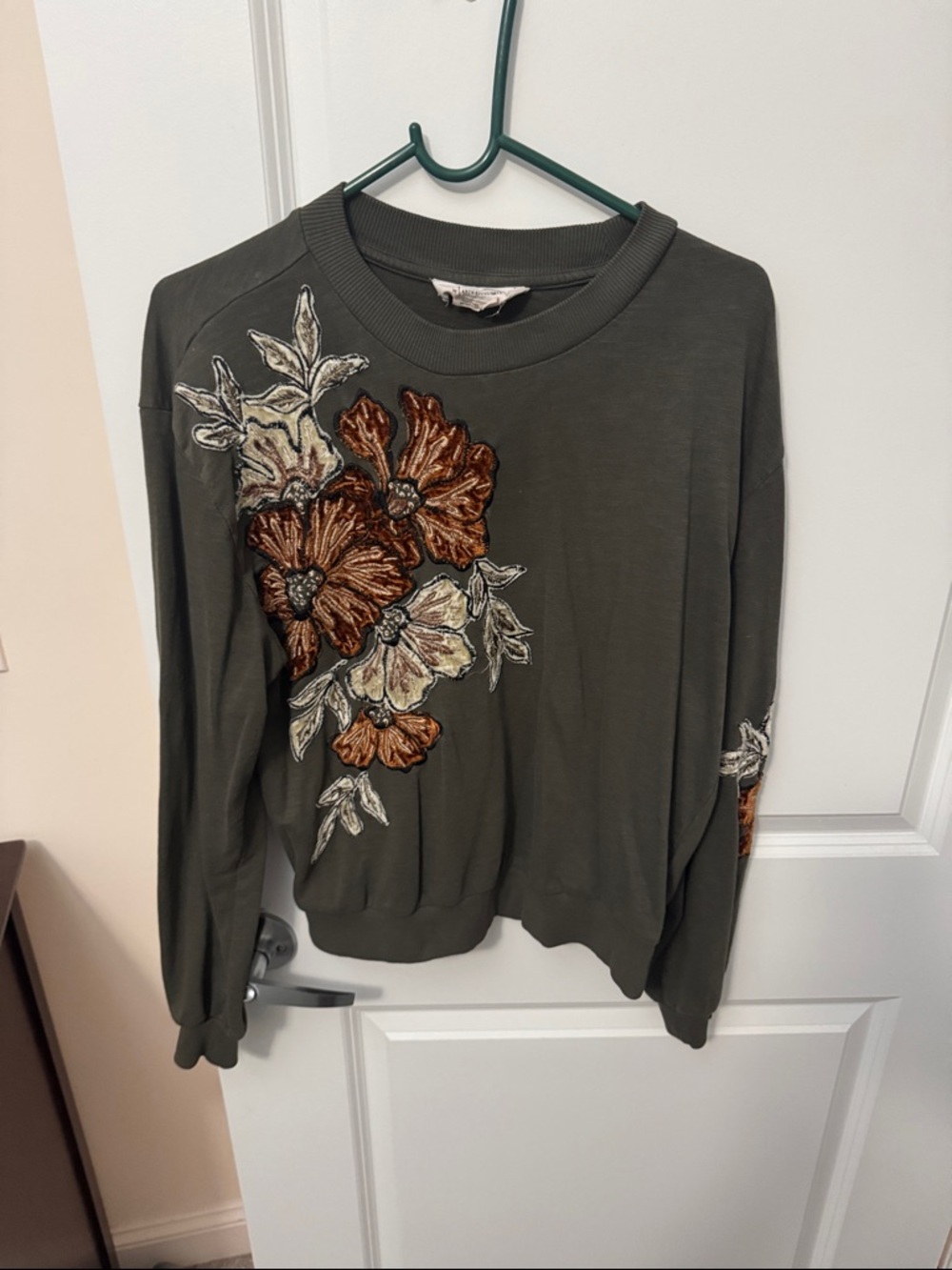Anthropologie Olive Green Crewneck Sweatshirt with Embroidered Floral Appliqué